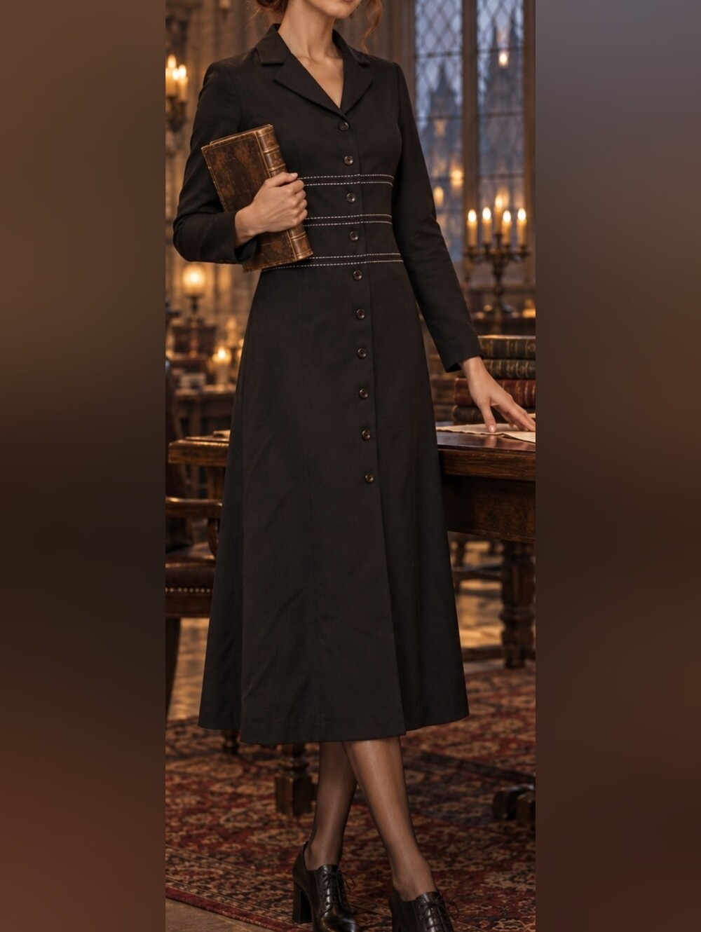 Business Dark Acadamia Long Black Button-Front Dress Tailored Waist Halloween